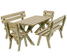 PLATAN ROOM Set da giardino in legno di pino, larghezza 120 cm, tavolo da giardino massiccio, impregnato (set 2 (tavolo + 2 panche + 2 sedie), 120 cm)