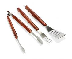 COM-FOUR® Posate per grill 3 pezzi - pinze per grill, spatola per grill e forchetta per grill in acciaio inossidabile - Accessori per barbecue con manico in legno (03 pz. marrone - manico in legno)