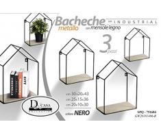 Gicos Set 3 mensole bacheca in Metallo Nero Forma casetta con Ripiani in Legno Shabby Chic 20 * 10 * 30/25 * 15 * 36/30 * 20 * 43 cm SPQ-751684