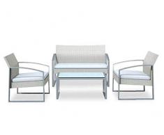 Set Salotto da Giardino, Modello Alicante, in Acciaio con Rivestimento in Polyrattan, con Tavolo in Vetro Temperato (Bianco)