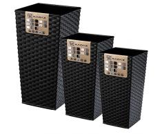 KADAX - Set di vasi da fiori con inserto, in plastica, resistenti alle intemperie, per ambienti interni ed esterni, fioriera adatta per l’uso all’aperto (set da 3 pezzi, colore nero rattan, XL)