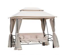 Outsunny Dondolo 3 Posti e Lettino Singolo Copertura a Gazebo con Zanzariera e Cuscini 256x172x248cm Crema