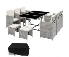 TecTake 800821 Set di Mobili Poli Rattan, Arredamento da Giardino, 6X Sedie 1x Tavolo con 3 Lastre di Vetro 4X Sgabelli, Involucro Protettivo, Nuovo (Grigio Chiaro)