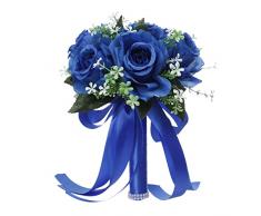 ASSR Bouquet romantico di rose per matrimoni, bouquet di rose artificiali in tessuto di seta con nastro, decorazione per spose o damigelle donore, blu