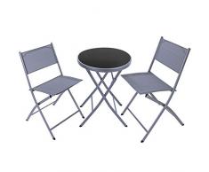 TecTake 800811 Bistro Set Mobili da Giardino, Tavolo con Piano in Vetro e 2x Sedie, Robusta Intelaiatura in Acciaio, Balcone Veranda Terrazza (Grigio)