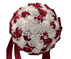 Acyoung, spilla fatta a mano, per bouquet da sposa, in raso, con rose e strass, per bouquet di rose artificiali, decorazione (rosso)