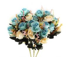 Fiori Artificiali,bouquet fiori artificiali mazzo fiori finti seta Rose Artificiali Blu 6 Ramo 12 Teste Bouquet Decorativo per balcone interno (Blu)