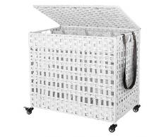 SONGMICS Cesto Portabiancheria con Coperchio, Organizzatore per Vestiti in Stile Rattan, 3 Scomparti, Manici, Sacco Interno Rimovibile, per Camera da Letto, Bagno, Lavanderia, Bianco LCB083W01