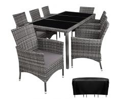 tectake 800798 Set di Mobili Giardino, Poli Rattan Arredamento, 8x Sedie + 1x Tavolo, Morbidi Cuscini, Terrazza Esterni, Coperchio di Protezione -disponibile in Diversi Colori (grigio-mélange/grigio)