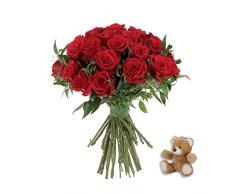KENTIS - Bouquet 36 Rose Rosse con Orsetto di Peluche - Mazzo Fiori Veri a Domicilio - Fiori Freschi Idea Regalo con Biglietto Personalizzato per Lei per Lui San Valentino