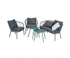 greemotion Set Salotto da Giardino da 5 Pezzi Nizza, Set mobili Esterno divanetto 2 posti, 2 poltrone, 2 tavolini in Acciaio con Cuscini, Verde/Grigio