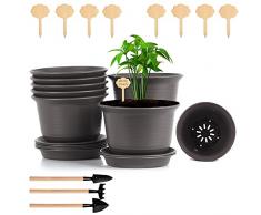Herefun Vasi per Piante in Plastica con Pallet, 8er-Set Addensare Vasi da Fiori in Plastica 8*Etichette Legno+3*Strumenti, Vasi in Plastica per Piante Grasse per Piante da Interno e da Esterno