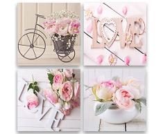Feeby Frames, Quadro multipannello di 4 pannelli, Quadro su tela, Stampa artistica, Canvas, 80x80 cm, LOVE, ROSE, FIORI, MAZZO, RUSTICO, ROSA