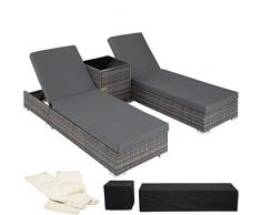 TecTake 2x LETTINO ALLUMINIO POLY RATTAN + TAVOLO SET GIARDINO SDRAIO PRENDISOLE SEDIA + involucro protettivo + 2 federe - disponibile in diversi colori - (Grigio | No. 403088)