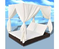 Festnight Lettino Prendisole Letto Matrimoniale Prendisole Reclinabile a Baldacchino con Tende in Polirattan Marrone/Nero da Mare/Picsina/Giardino/Patio per Esterni 197 x 140 x 180 cm