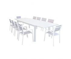MilaniHome Set Tavolo Giardino Rettangolare Allungabile 200/300 X 100 con 10 Poltrone in Alluminio Bianco E Textilene da Esterno