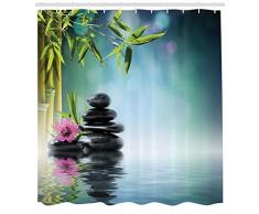 ABAKUHAUS Giardino Zen Tenda da Doccia, Fiore Rosa Le Pietre del Benessere e L'Albero Bambu' Sull'Acqua, Stampa Digitale Moderna, 175 x 200 cm, Multicolore