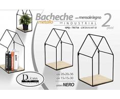 Gicos Set 2 mensole bacheca in Metallo Nero Forma casetta con Ripiani in Legno Shabby Chic 20 * 20 * 36/15 * 15 * 30 cm SPQ-751714