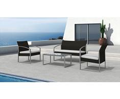 Salotto alicante con divano Colore Nero lavato, set da 4 pezzi: 2 poltrone, 1 divano, 1 tavolo, struttura in acciaio verniciato grigio, cuscini in polyester, Garden Friend