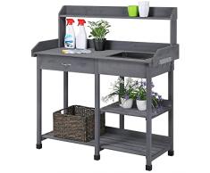 Yaheetech Tavolo Lavoro da Giardino per Piante in Legno Naturale con Lavandino Rimovibile Cassetto Spazioso Ganci Armadietto Banco per Giardinaggio Grigio