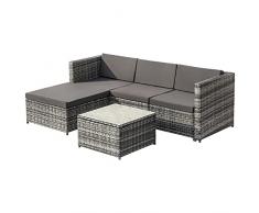 Set di mobili da giardino, in polyrattan, divano angolare, con cuscino per seduta e schienale, tavolo lounge con piano in vetro (grigio)
