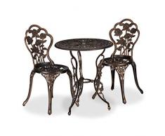 Relaxdays Set da Bistrot da 3, Tavolino da Giardino, 2 Sedie, Balcone, Stile Ferro Battuto, in Alluminio, Bronzo