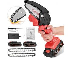 Mini Motosega con 2 Batterie VAYOTOY Motosega a Batteria 4 Pollici 21V Motosega Elettrica Portatile Ricaricabile Sega da Potatura a Batteria da Giardinaggio per Legno, Alberi, Rami, Siepi (2 Catene)