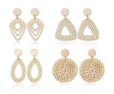 Kakonia 4 Paia di Orecchini Pendenti in Rattan da Donna Leggera Boemia Paglia di Vimini Treccia Natura Marrone Tessuto Geometrico Orecchini con Dichiarazione Set Gioielli Fatti a Mano Bianco