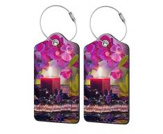 Fiori in fontana massaggi pietre e bambù bagagli tag pelle PU valigia tag con anello in acciaio inox e carta didentità per valigia borsa da viaggio