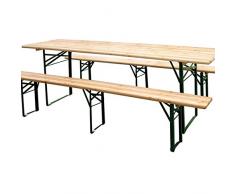 SET BIRRERIA COMPOSTO DA TAVOLO/TAVOLA E PANCHE DI LEGNO CON 3 GAMBE PIEGHEVOLI FACILE DA TRASPORTARE PER BIRRERIA PUB BAR FIERA GIARDINO CAMPEGGIO PICNIC TERRAZZA FESTE MATRIMONIO 220X70X76