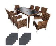 TecTake SET DI MOBILI DA GIARDINO ALLUMINIO POLI RATTAN SEDIE TAVOLO 8+1 + 2 SET DI RIVESTIMENT - disponibile in diversi colori - (Nero)