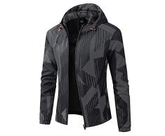 NOAGENJT Giacca a maniche lunghe da uomo con stampa casual con cappuccio e tasca con cerniera, giacca allentata, frangivento per viaggi di vacanza allaperto Cappotto Pelle Lungo