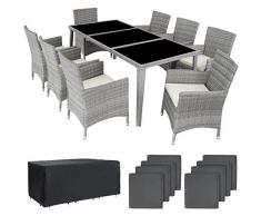 TecTake Set di Mobili da Giardino Alluminio, 8 Sedie & 1 Tavolo con Piano in Vero Vetro, 2 Set di Rivestimenti, 1 Copertura Protettiva, Grigio Chiaro