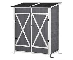 Outsunny Casetta in Legno da Giardino con 2 Ante, Armadio da Esterno Porta Attrezzi da Giardino con uno Sgabello, 139x75x147/160cm