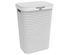 Rotho Country Cestino Lavanderia con Coperchio in Rattan, Plastica (PP) senza BPA, Bianco, 55 L, 42.0 x 32.2 x 57.7 cm