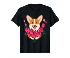 Corgi cane che tiene un mazzo di rose donne San Valentino Maglietta