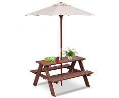 COSTWAY Tavolo da Picnic per Bambini con Parasole Pieghevole, Set di Tavolo e Panche per Giardino con Ombrellone Rimovibile, Panche in Legno, per Giardino, Cortile, Prato