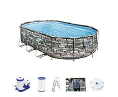 Bestway Power Steel Comfort Jet Series Frame, Set per Piscina con Pompa filtrante, 610 x 366 x 122 cm, Effetto Pietra Naturale
