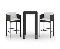 Festnjght 3 pz Set da Giardino da Bar, Tavolino da Balcone con Sedie, Tavolo Bar con Sgabelli, con Cuscini, in Polyrattan Nero