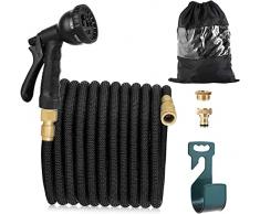 Tubo Acqua Giardino Estensibile 30m, 8 Funzioni di Spruzzo, Connettore in Ottone da 1/2 e 3/4, Tubo in Lattice a 3 Strati, Tubo per Irrigazione e Lavaggio, con Gancio e Borsa per Conservazione