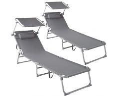 tectake 800773 Set 2x Sedia a Sdraio con Parasole, Schienale Regolabile in 4 Posizioni, Rivestimento Resistente, Giardino Spiaggia Lettino da Sole - Disponibile in Diversi Colori (Grigio | No. 403414)