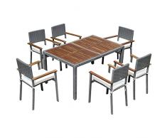 Outsunny Set Mobili da Giardino 7 Pezzi in Rattan e Legno, Salotto da Esterno con Tavolo e 6 Sedie Impilabili con Cuscini Imbottiti, Grigio