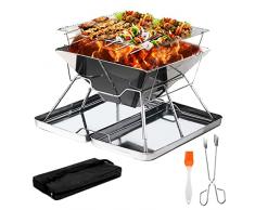 HELLOLAND 304 Grill barbecue in acciaio inox portatile pieghevole Barbecue Charcoal Grill con borsa di stoccaggio Smoker Barbecue per picnic allaperto campeggio viaggio giardino cucina 3-4 persone