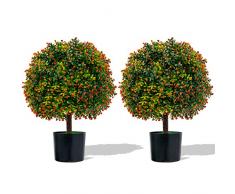 COSTWAY Pianta Finta 55 cm, 2 Sfere di Bosso Artificiali in Vaso Realistiche con Frutti Arancioni, Foglie Lussureggianti e Base in Cemento, Albero Artificiale da Esterno e Interno