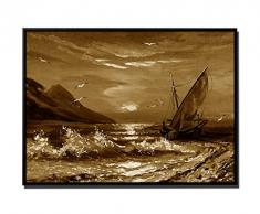 105 x 75 cm mural - colore seppia - su Tela cornice ombra inkusive nero - pittura barca a vela al tramonto