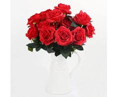 Beluapi bouquet di rose rosse artificiali, 9 teste di fiori finti decorativi in plastica, bouquet da sposa per casa, giardino, festa (stelo dritto rosso, senza vaso)