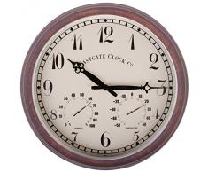 Esschert Design - Orologio da parete per esterni, circolare, con termometro e igrometro, cassa effetto anticato, da 38 x 6,1 x 38 cm, in plastica, colore: Bianco/Rame/Nero