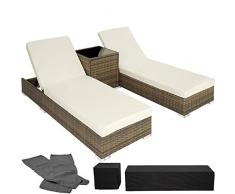 TecTake Set 2X Lettino Alluminio Poly Rattan + Tavolo Giardino Sdraio Prendisole Sedia + Involucro Protettivo + 2 Federe Naturale