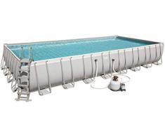 Bestway 56623-GS19 Power Steel - Piscina rettangolare con telaio in acciaio, dimensioni: 56x488x132 cm, con filtro a sabbia e accessori, colore: Grigio