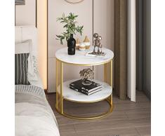 FATIVO Tavolino da Salotto Comodino: Rotondo Tavolino da Caffè 2 Ripiani Tavolino da Soggiorno Moderno in Pietra Sinterizzata - Design Stile Bianco Oro per Camera da Letto Sala Angolo Bar